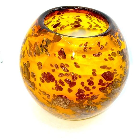 Diamond Star Corp (DS) Amber and Gold Round Hand Blown Vase - Picture 2 of 9